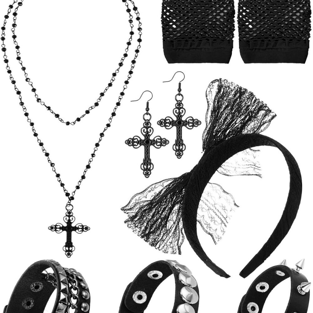7 Pcs 80s Women Costume Accessories Halloween Leather Punk Bracelet Black Cross